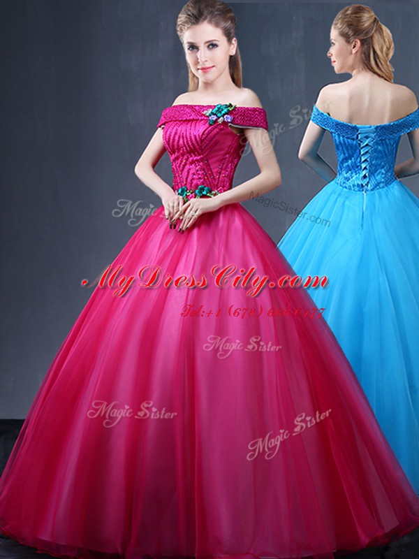 Fuchsia Sweet 16 Dress Military Ball and Sweet 16 and Quinceanera and For with Beading and Appliques Off The Shoulder Sleeveless Lace Up