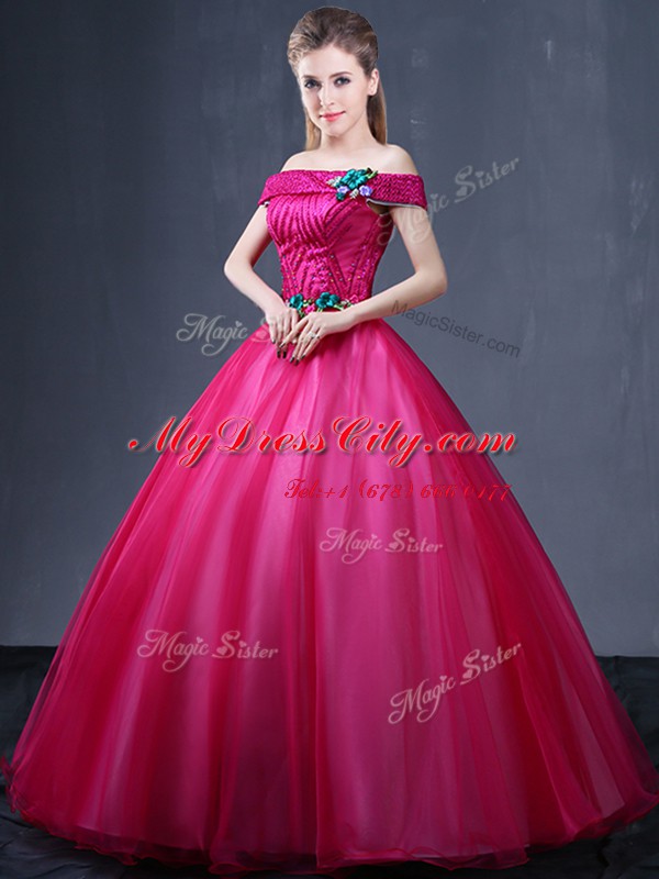 Fuchsia Sweet 16 Dress Military Ball and Sweet 16 and Quinceanera and For with Beading and Appliques Off The Shoulder Sleeveless Lace Up