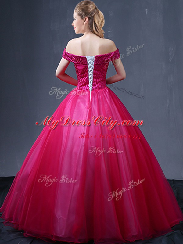 Fuchsia Sweet 16 Dress Military Ball and Sweet 16 and Quinceanera and For with Beading and Appliques Off The Shoulder Sleeveless Lace Up