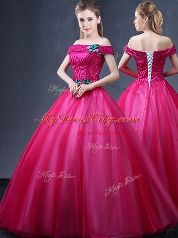 Fuchsia Sweet 16 Dress Military Ball and Sweet 16 and Quinceanera and For with Beading and Appliques Off The Shoulder Sleeveless Lace Up