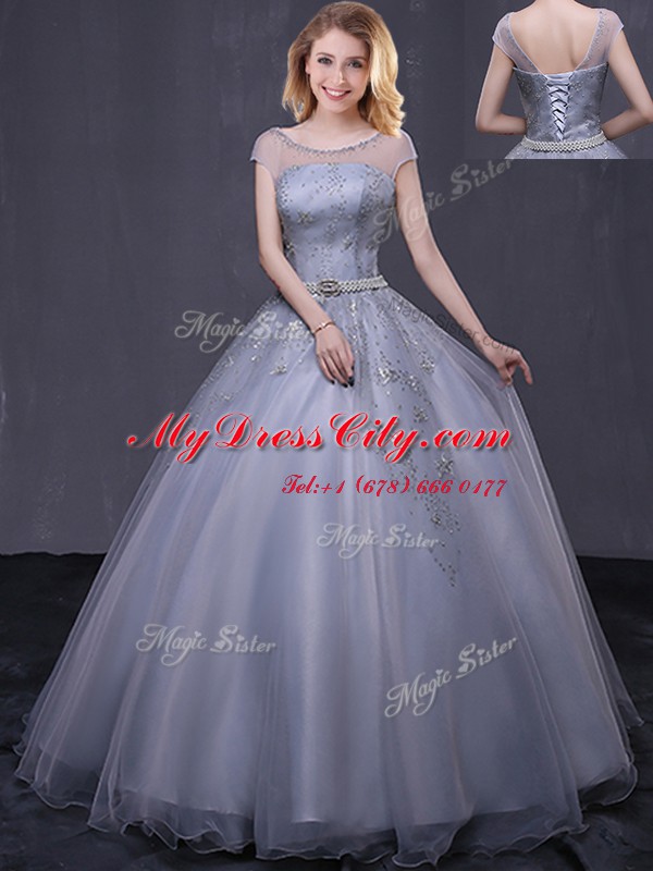 Grey Ball Gowns Tulle Scoop Cap Sleeves Beading and Belt Floor Length Lace Up 15 Quinceanera Dress