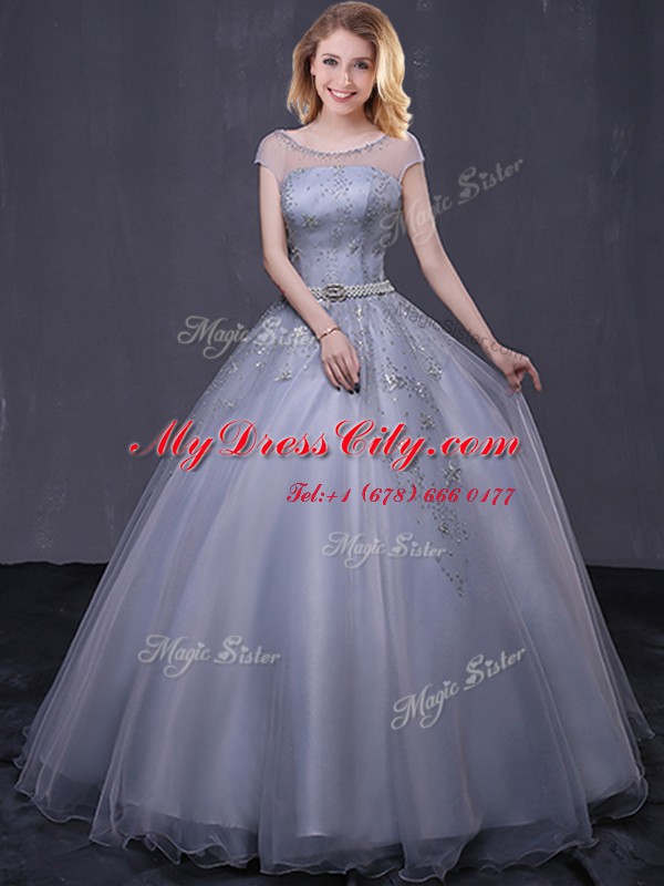 Grey Ball Gowns Tulle Scoop Cap Sleeves Beading and Belt Floor Length Lace Up 15 Quinceanera Dress