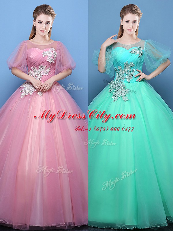 Scoop Appliques 15 Quinceanera Dress Pink and Turquoise Lace Up Half Sleeves Floor Length