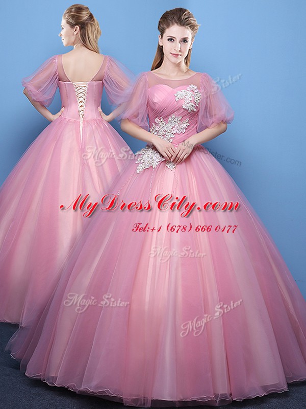 Scoop Appliques 15 Quinceanera Dress Pink and Turquoise Lace Up Half Sleeves Floor Length