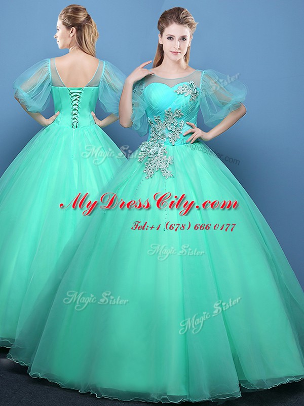 Scoop Appliques 15 Quinceanera Dress Pink and Turquoise Lace Up Half Sleeves Floor Length