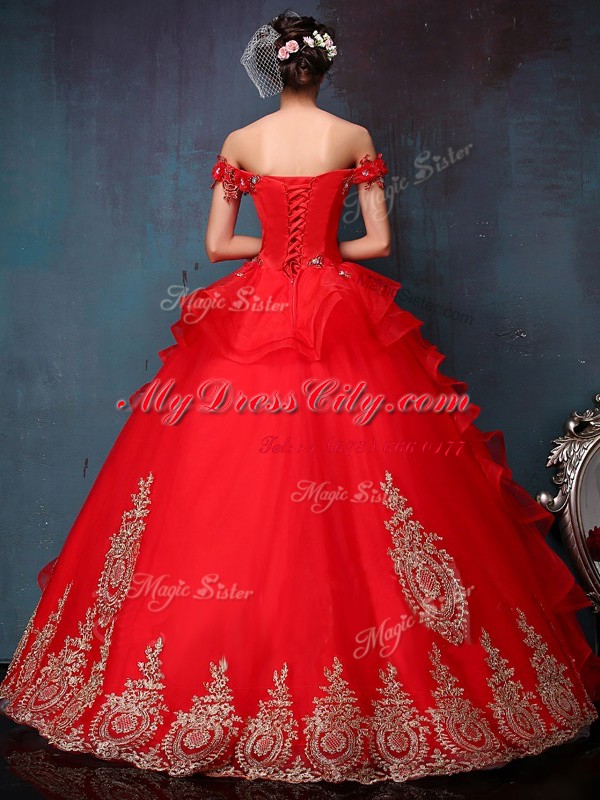 Hot Selling Off the Shoulder Beading and Appliques and Ruffles Quinceanera Dress Red Lace Up Sleeveless Floor Length