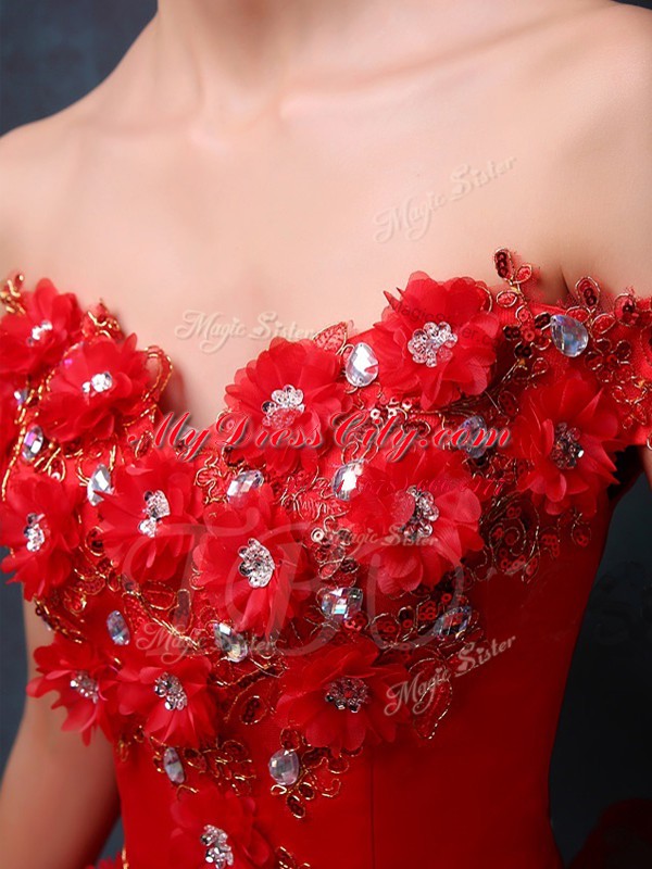 Hot Selling Off the Shoulder Beading and Appliques and Ruffles Quinceanera Dress Red Lace Up Sleeveless Floor Length