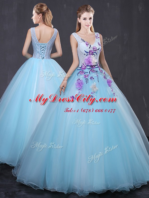 Light Blue Sweet 16 Dress Military Ball and Sweet 16 and Quinceanera and For with Lace and Appliques V-neck Sleeveless Lace Up