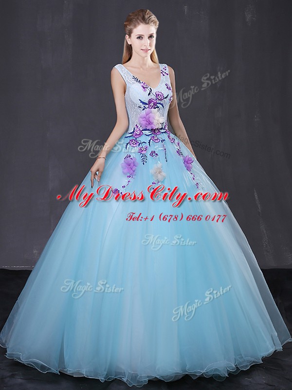 Light Blue Sweet 16 Dress Military Ball and Sweet 16 and Quinceanera and For with Lace and Appliques V-neck Sleeveless Lace Up