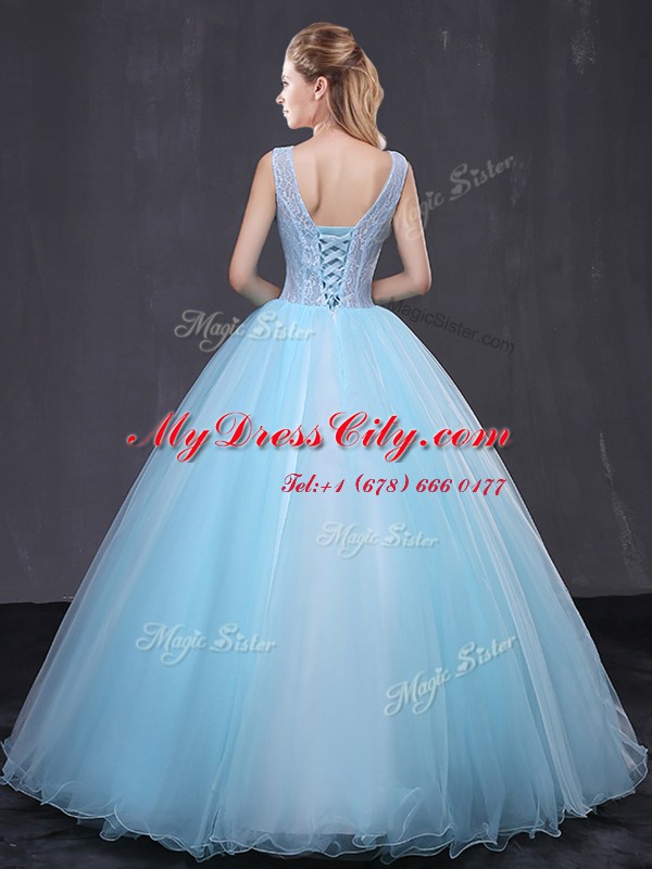 Light Blue Sweet 16 Dress Military Ball and Sweet 16 and Quinceanera and For with Lace and Appliques V-neck Sleeveless Lace Up