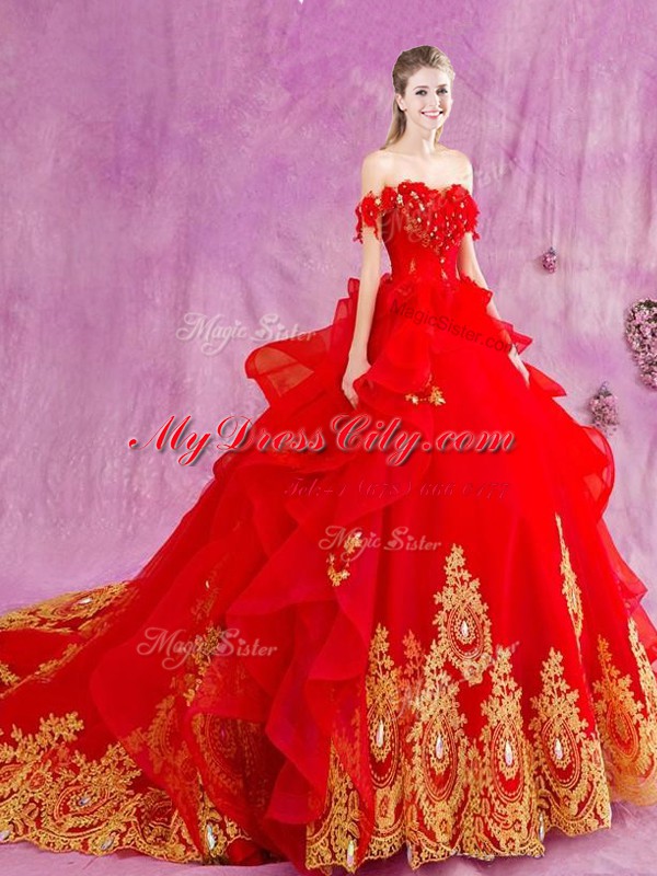 Hot Selling Off the Shoulder With Train Red Sweet 16 Quinceanera Dress Tulle Court Train Sleeveless Beading and Appliques and Ruffles