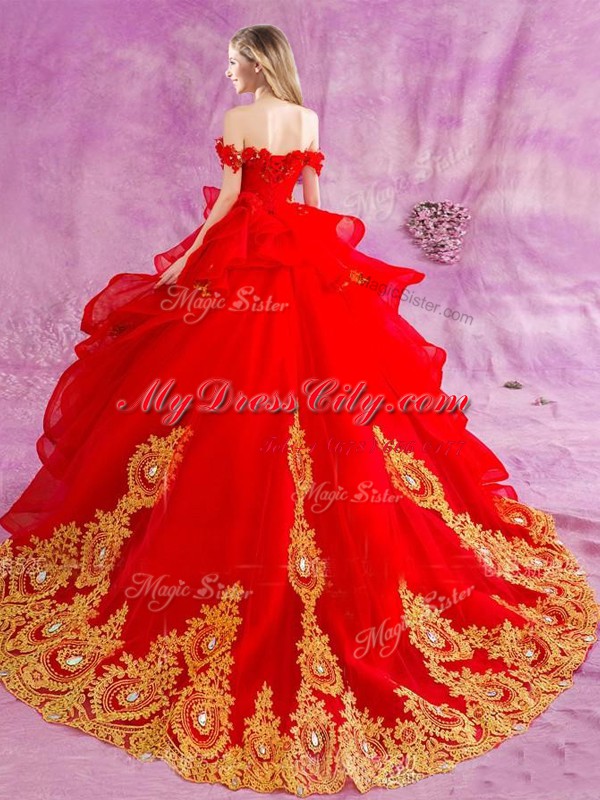 Hot Selling Off the Shoulder With Train Red Sweet 16 Quinceanera Dress Tulle Court Train Sleeveless Beading and Appliques and Ruffles