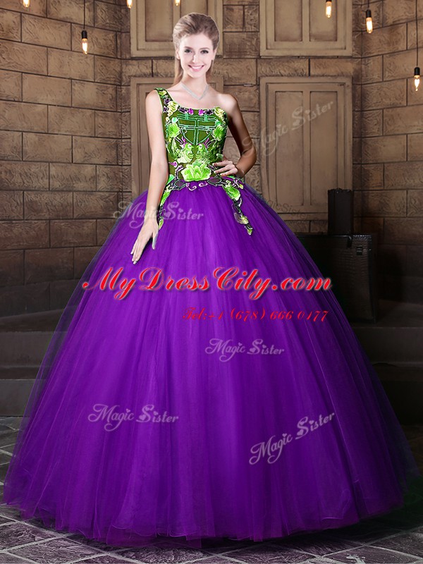 Customized One Shoulder Floor Length Ball Gowns Sleeveless Eggplant Purple 15th Birthday Dress Lace Up