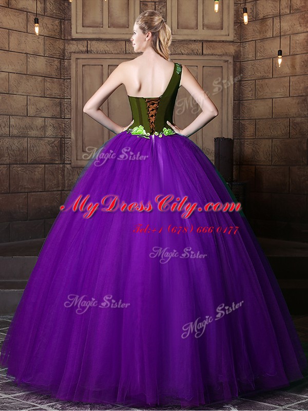 Customized One Shoulder Floor Length Ball Gowns Sleeveless Eggplant Purple 15th Birthday Dress Lace Up