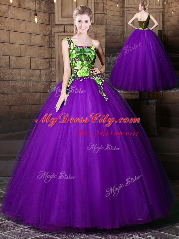 Customized One Shoulder Floor Length Ball Gowns Sleeveless Eggplant Purple 15th Birthday Dress Lace Up