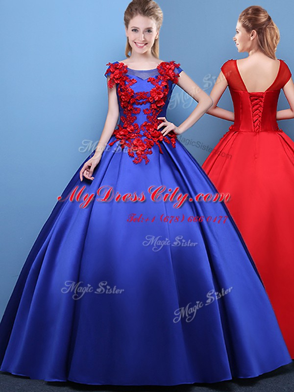 Royal Blue Quinceanera Dresses Military Ball and Sweet 16 and Quinceanera and For with Appliques Scoop Cap Sleeves Lace Up