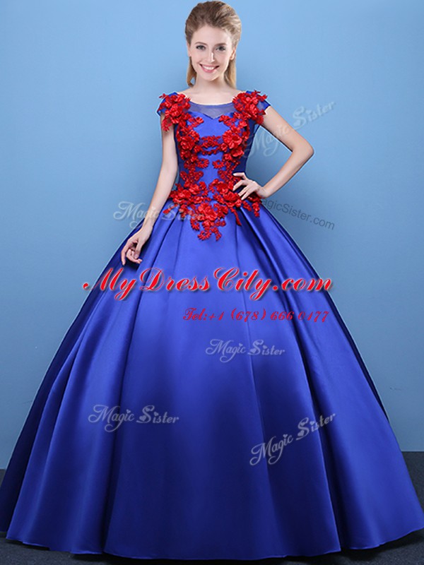 Royal Blue Quinceanera Dresses Military Ball and Sweet 16 and Quinceanera and For with Appliques Scoop Cap Sleeves Lace Up