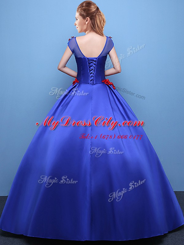 Royal Blue Quinceanera Dresses Military Ball and Sweet 16 and Quinceanera and For with Appliques Scoop Cap Sleeves Lace Up