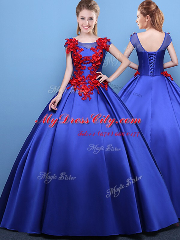 Royal Blue Quinceanera Dresses Military Ball and Sweet 16 and Quinceanera and For with Appliques Scoop Cap Sleeves Lace Up