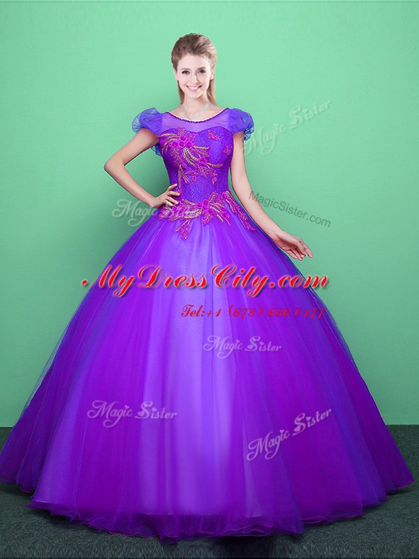 Scoop Short Sleeves Tulle Floor Length Lace Up Quinceanera Dress in Purple with Appliques