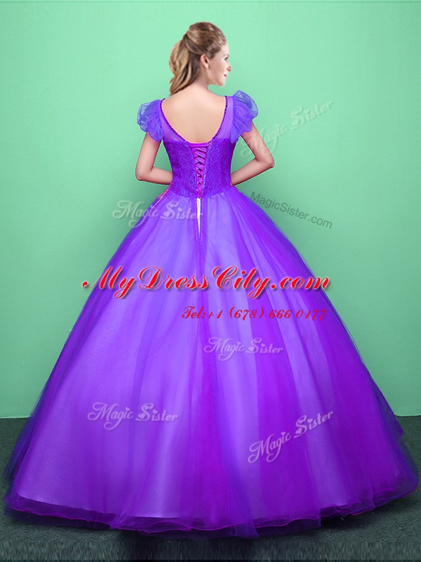 Scoop Short Sleeves Tulle Floor Length Lace Up Quinceanera Dress in Purple with Appliques