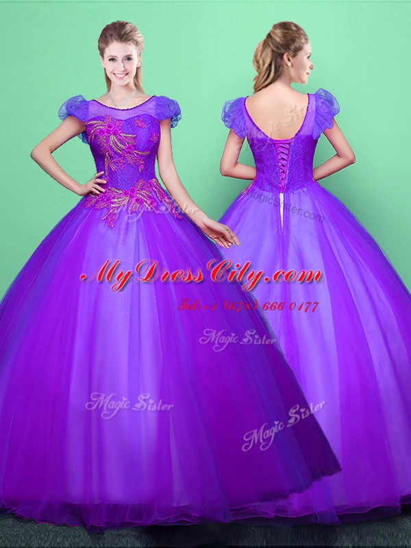 Scoop Short Sleeves Tulle Floor Length Lace Up Quinceanera Dress in Purple with Appliques