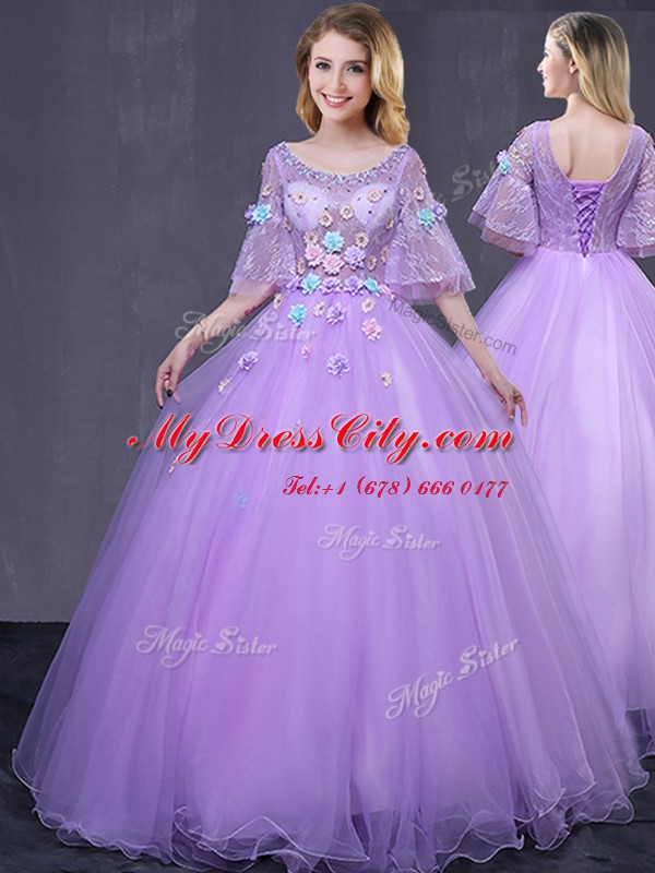 Captivating Lavender Scoop Neckline Lace and Appliques Quinceanera Dresses Half Sleeves Lace Up