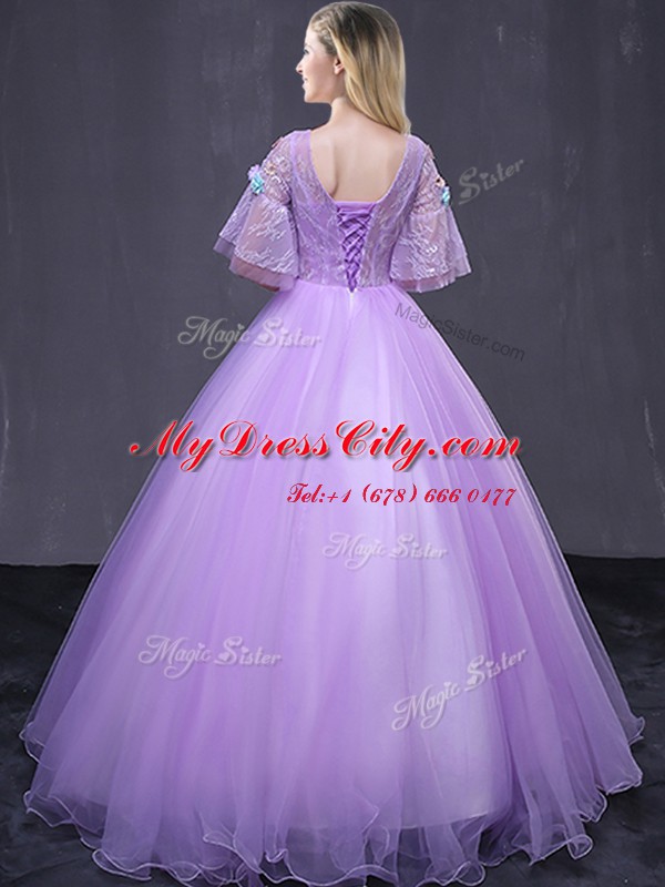 Captivating Lavender Scoop Neckline Lace and Appliques Quinceanera Dresses Half Sleeves Lace Up