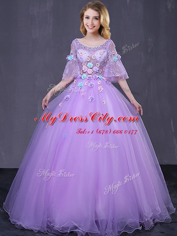 Captivating Lavender Scoop Neckline Lace and Appliques Quinceanera Dresses Half Sleeves Lace Up