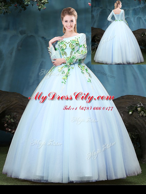 Extravagant Scoop Tulle Long Sleeves Floor Length 15th Birthday Dress and Appliques