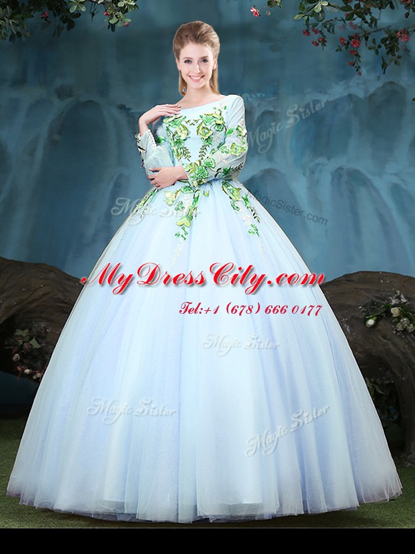 Extravagant Scoop Tulle Long Sleeves Floor Length 15th Birthday Dress and Appliques