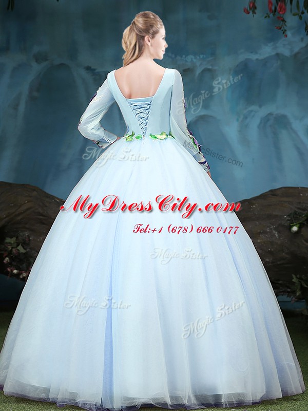 Extravagant Scoop Tulle Long Sleeves Floor Length 15th Birthday Dress and Appliques