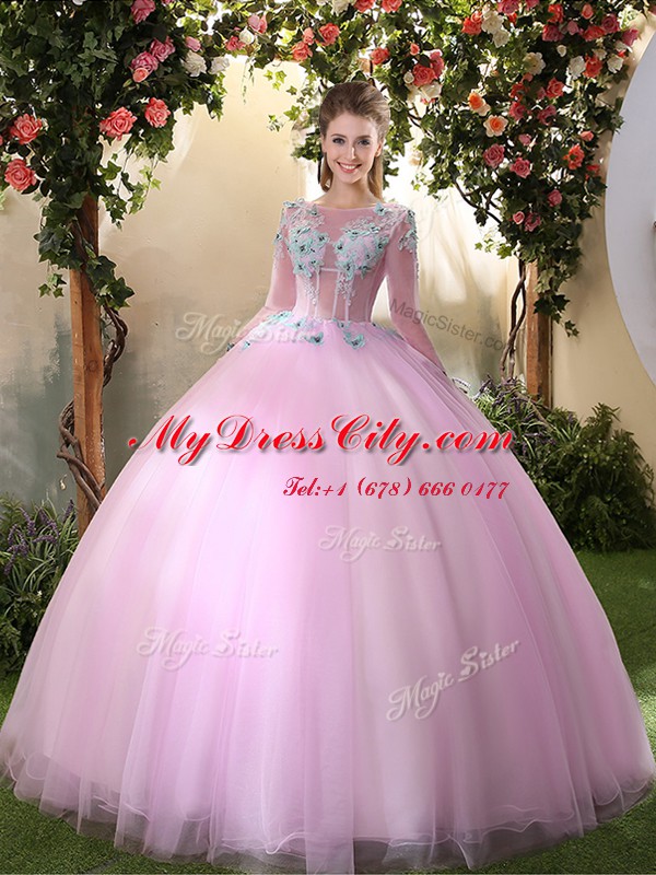 Extravagant Scoop Lilac Lace Up 15th Birthday Dress Appliques Long Sleeves Floor Length