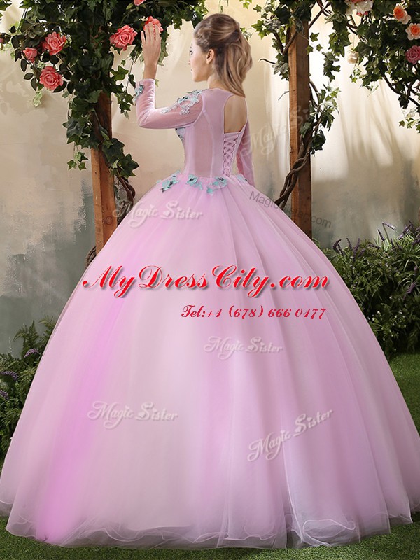 Extravagant Scoop Lilac Lace Up 15th Birthday Dress Appliques Long Sleeves Floor Length