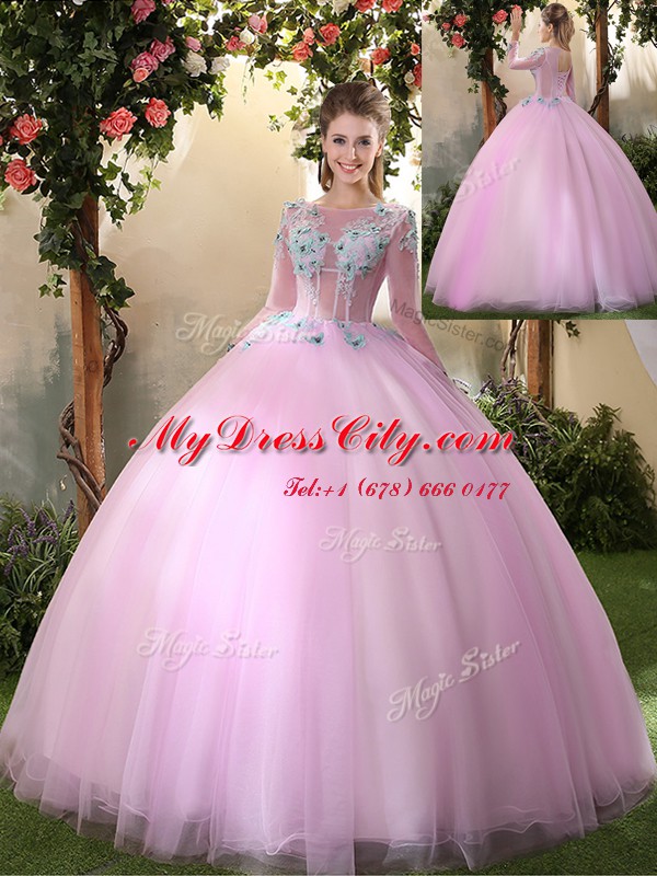 Extravagant Scoop Lilac Lace Up 15th Birthday Dress Appliques Long Sleeves Floor Length