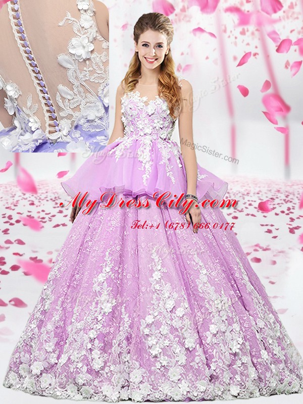 Beautiful Scoop Sleeveless Organza and Tulle Floor Length Lace Up Ball Gown Prom Dress in Lilac with Lace and Appliques