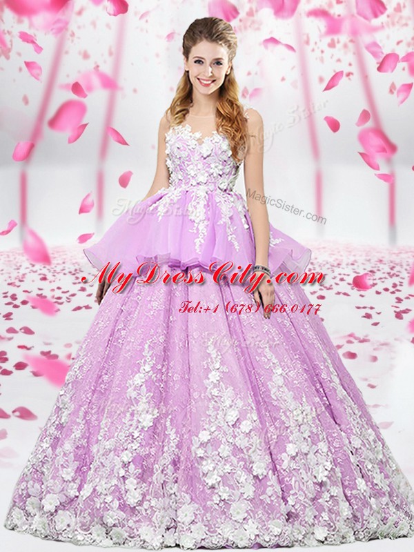 Beautiful Scoop Sleeveless Organza and Tulle Floor Length Lace Up Ball Gown Prom Dress in Lilac with Lace and Appliques