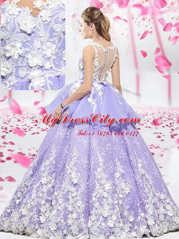 Beautiful Scoop Sleeveless Organza and Tulle Floor Length Lace Up Ball Gown Prom Dress in Lilac with Lace and Appliques