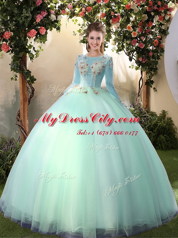 Ideal Scoop Apple Green Ball Gowns Appliques Quinceanera Gown Lace Up Tulle Long Sleeves Floor Length