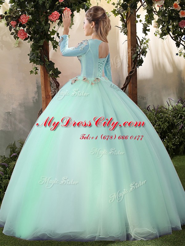 Ideal Scoop Apple Green Ball Gowns Appliques Quinceanera Gown Lace Up Tulle Long Sleeves Floor Length