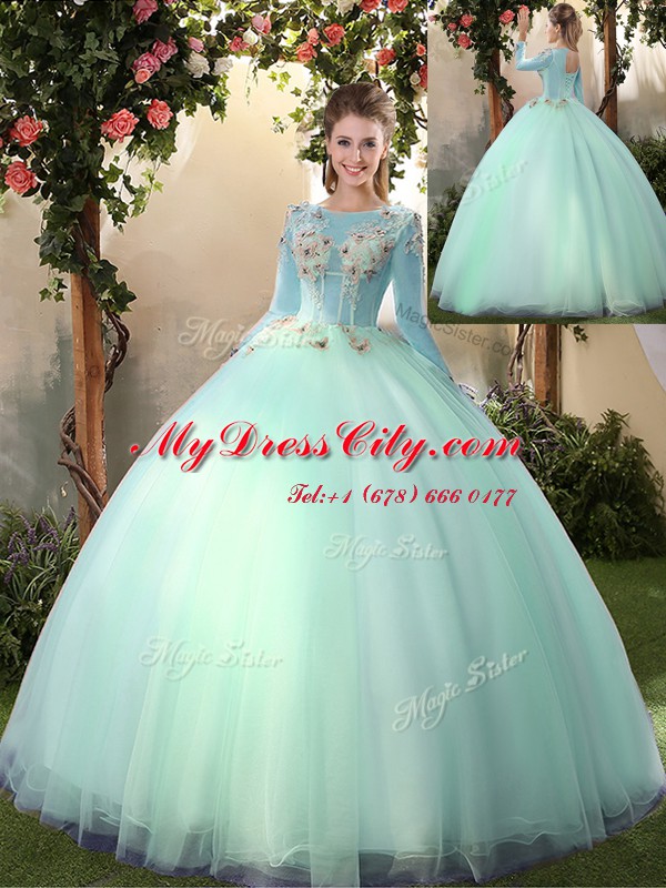 Ideal Scoop Apple Green Ball Gowns Appliques Quinceanera Gown Lace Up Tulle Long Sleeves Floor Length