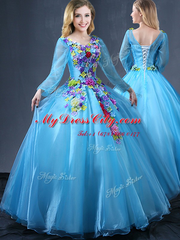 Charming Baby Blue Long Sleeves Appliques Floor Length Quinceanera Dresses