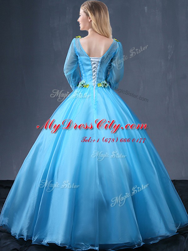 Charming Baby Blue Long Sleeves Appliques Floor Length Quinceanera Dresses