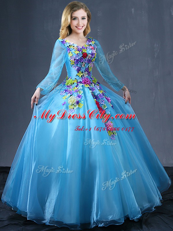 Charming Baby Blue Long Sleeves Appliques Floor Length Quinceanera Dresses