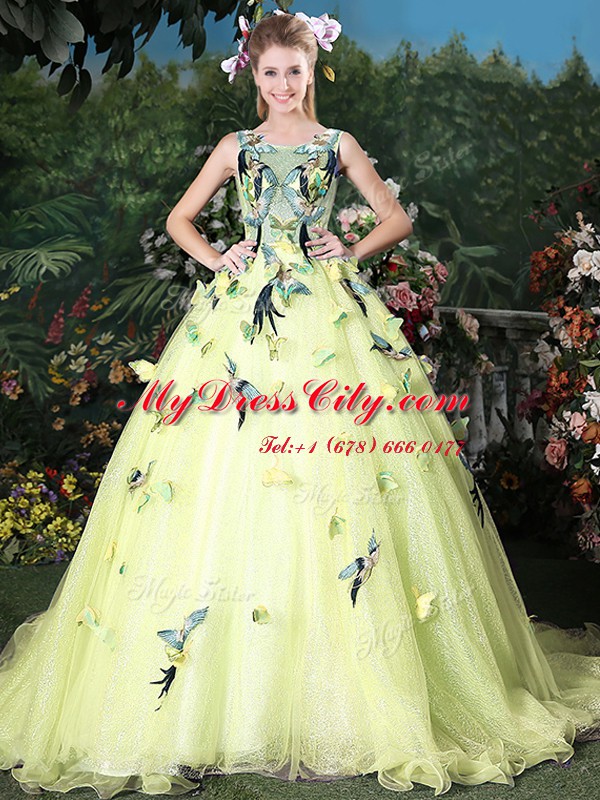 Beauteous Scoop Sleeveless Organza Brush Train Zipper Quinceanera Dresses in Light Yellow with Appliques