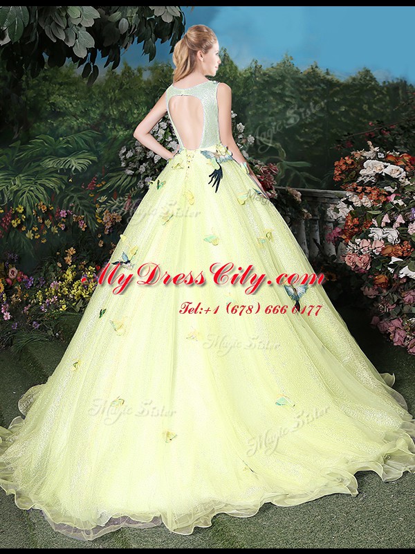 Beauteous Scoop Sleeveless Organza Brush Train Zipper Quinceanera Dresses in Light Yellow with Appliques