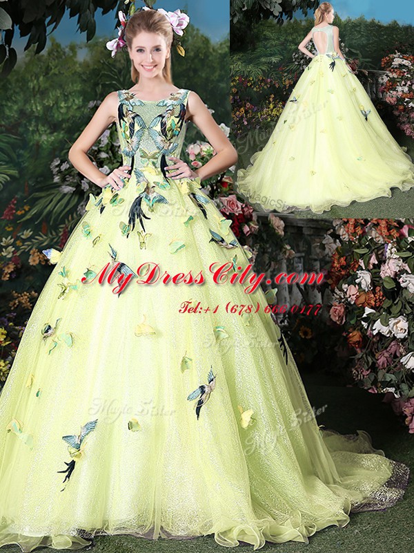 Beauteous Scoop Sleeveless Organza Brush Train Zipper Quinceanera Dresses in Light Yellow with Appliques