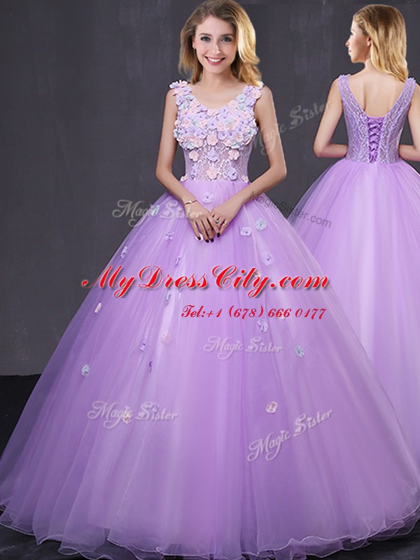 Lavender Ball Gowns V-neck Sleeveless Tulle Floor Length Lace Up Lace and Appliques 15th Birthday Dress