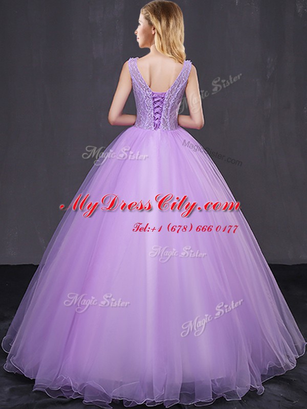 Lavender Ball Gowns V-neck Sleeveless Tulle Floor Length Lace Up Lace and Appliques 15th Birthday Dress