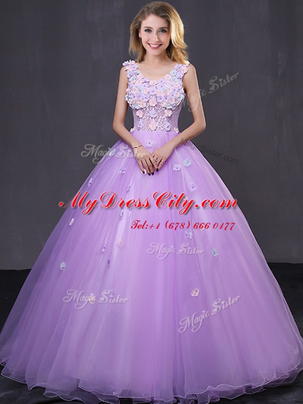 Lavender Ball Gowns V-neck Sleeveless Tulle Floor Length Lace Up Lace and Appliques 15th Birthday Dress